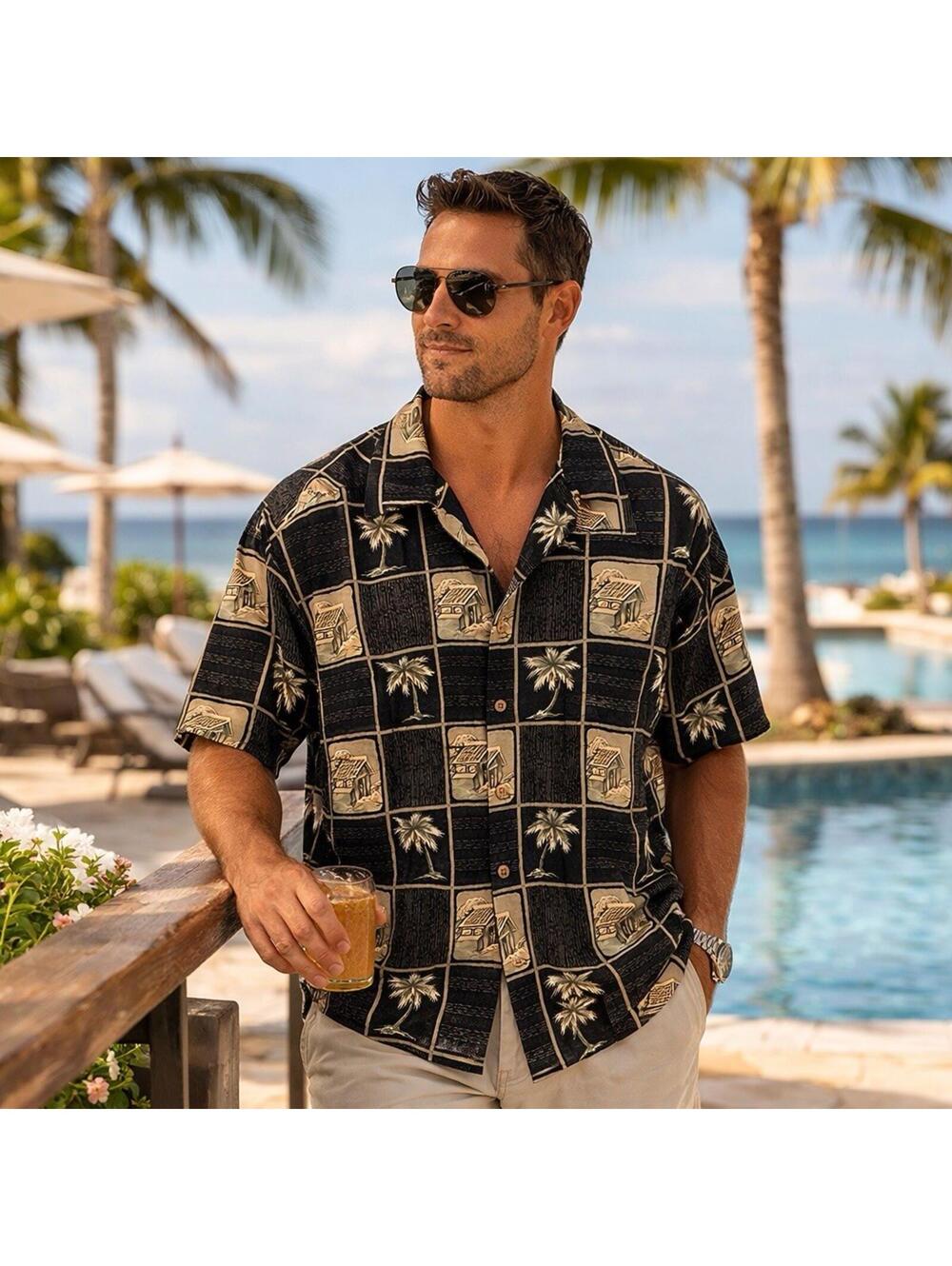 Hibiscus Hawaii Aloha Shirt Men’s Black and Beige